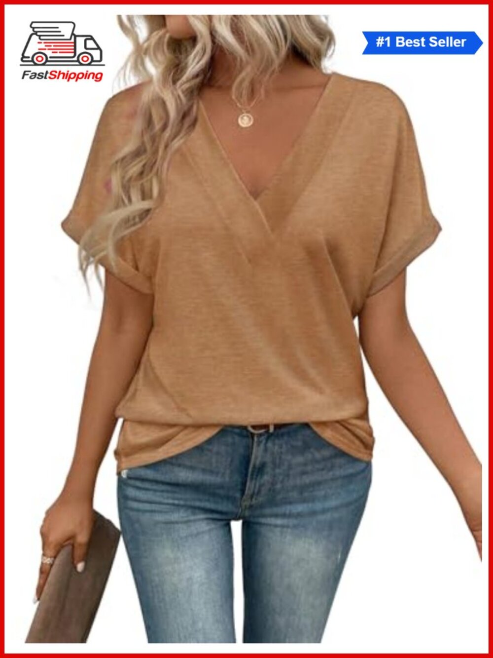 Women's V-Neck Short Sleeve Tee Casual Summer T-Shirt Loose Fit Top
